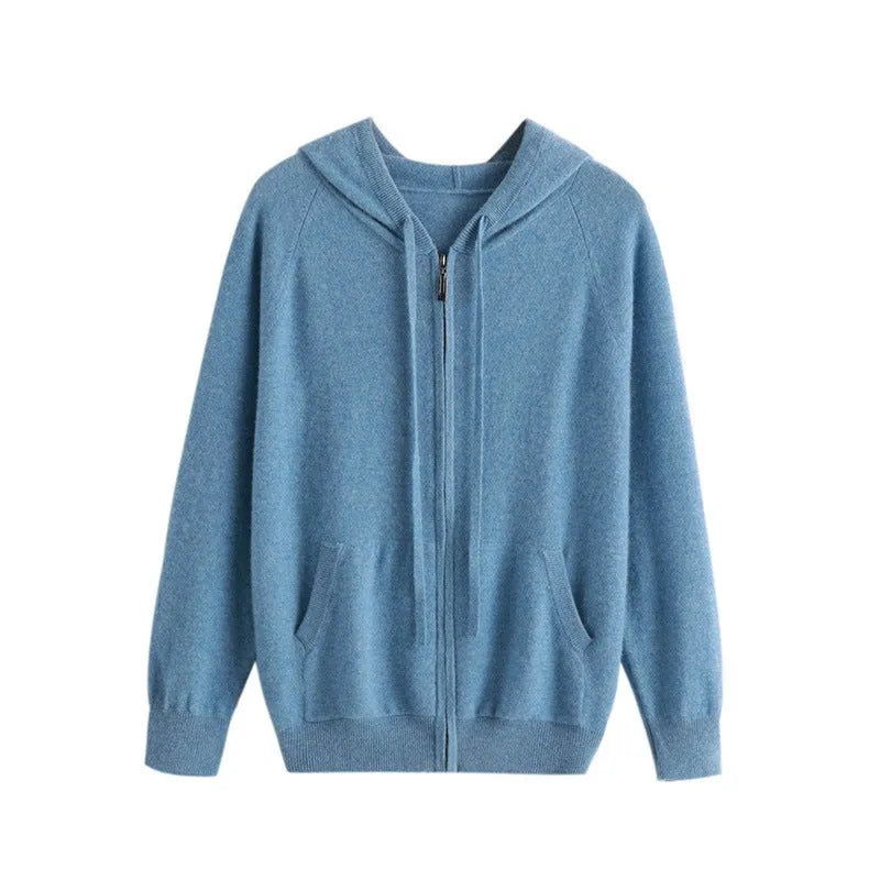 Man wearing a solid colour cashmere knitted cardigan with a zipper and hood.