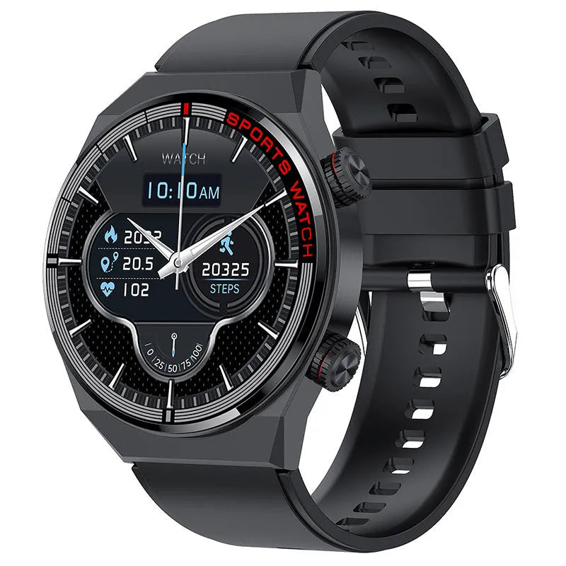Smartwatch with rotary key, leather strap, and a 1.3-inch display showing call interface.