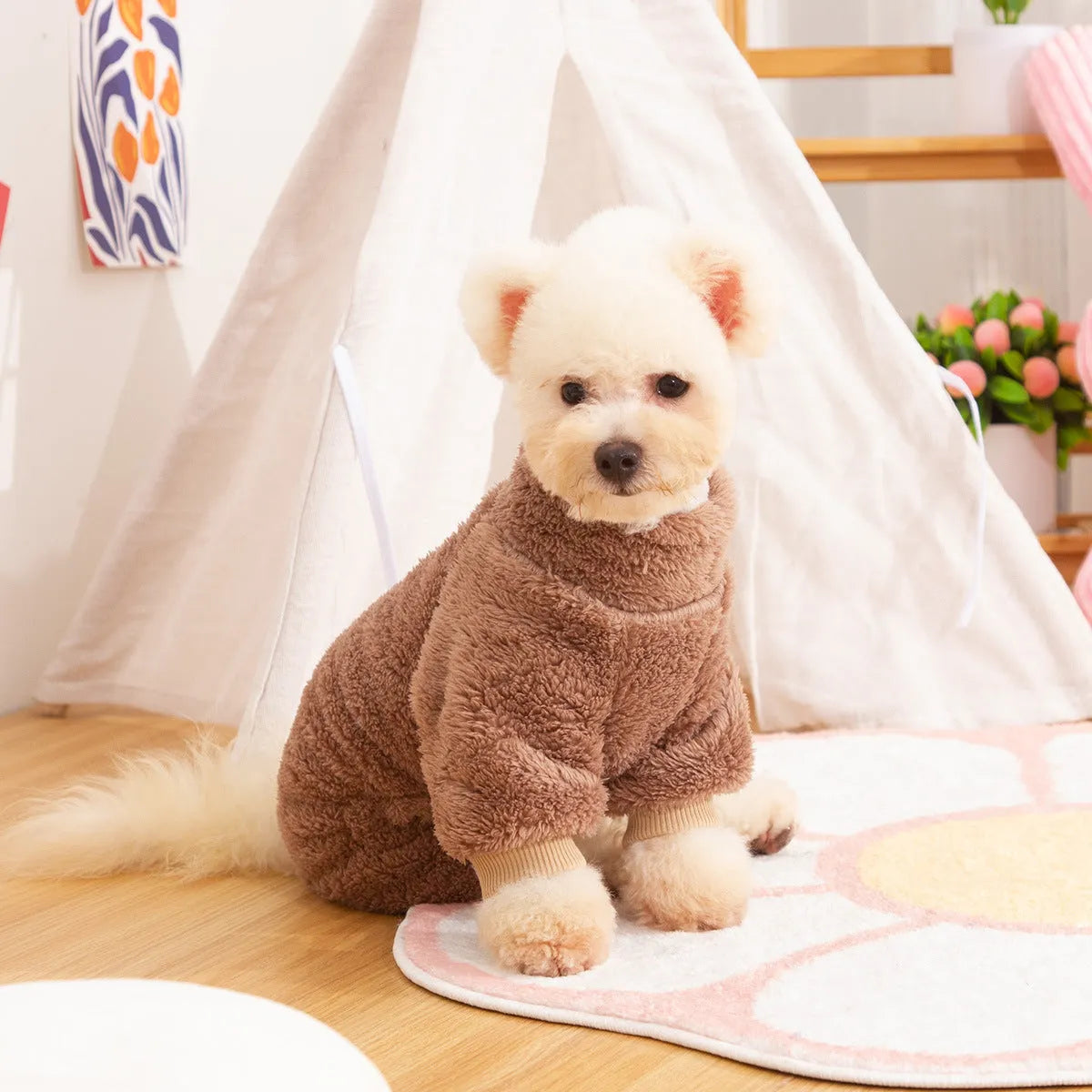 Four-legged dog coat in blue double-sided thick plush with high collar and towing ring