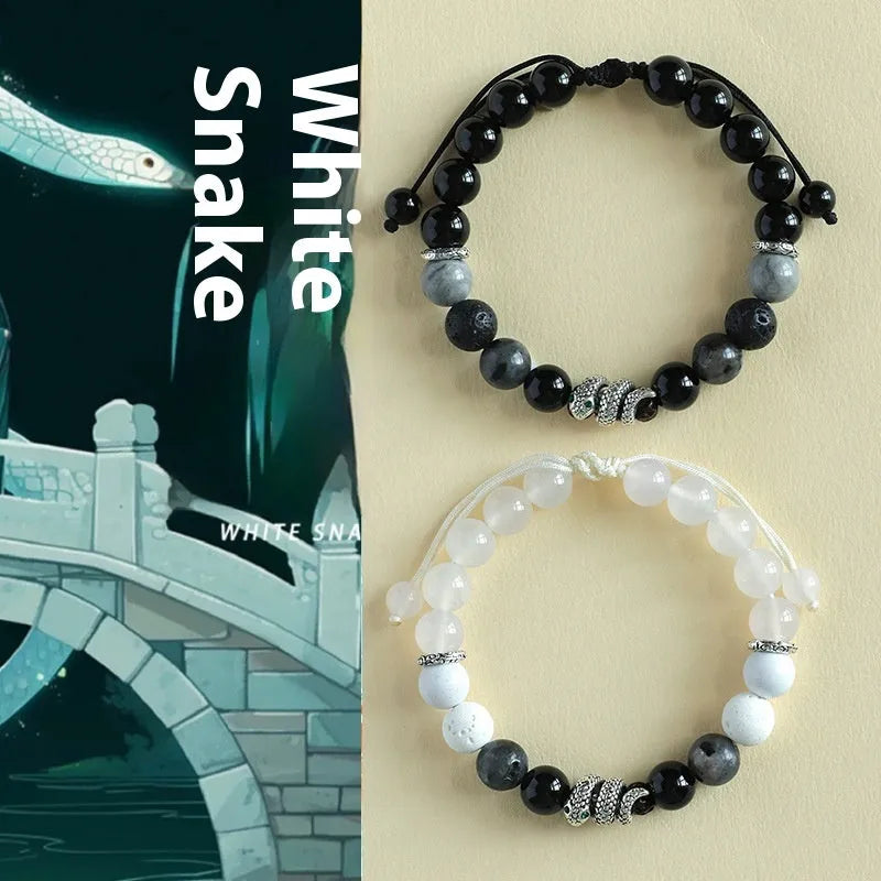 Handmade adjustable agate couple bracelet in black or white with turquoise accents and snake chain