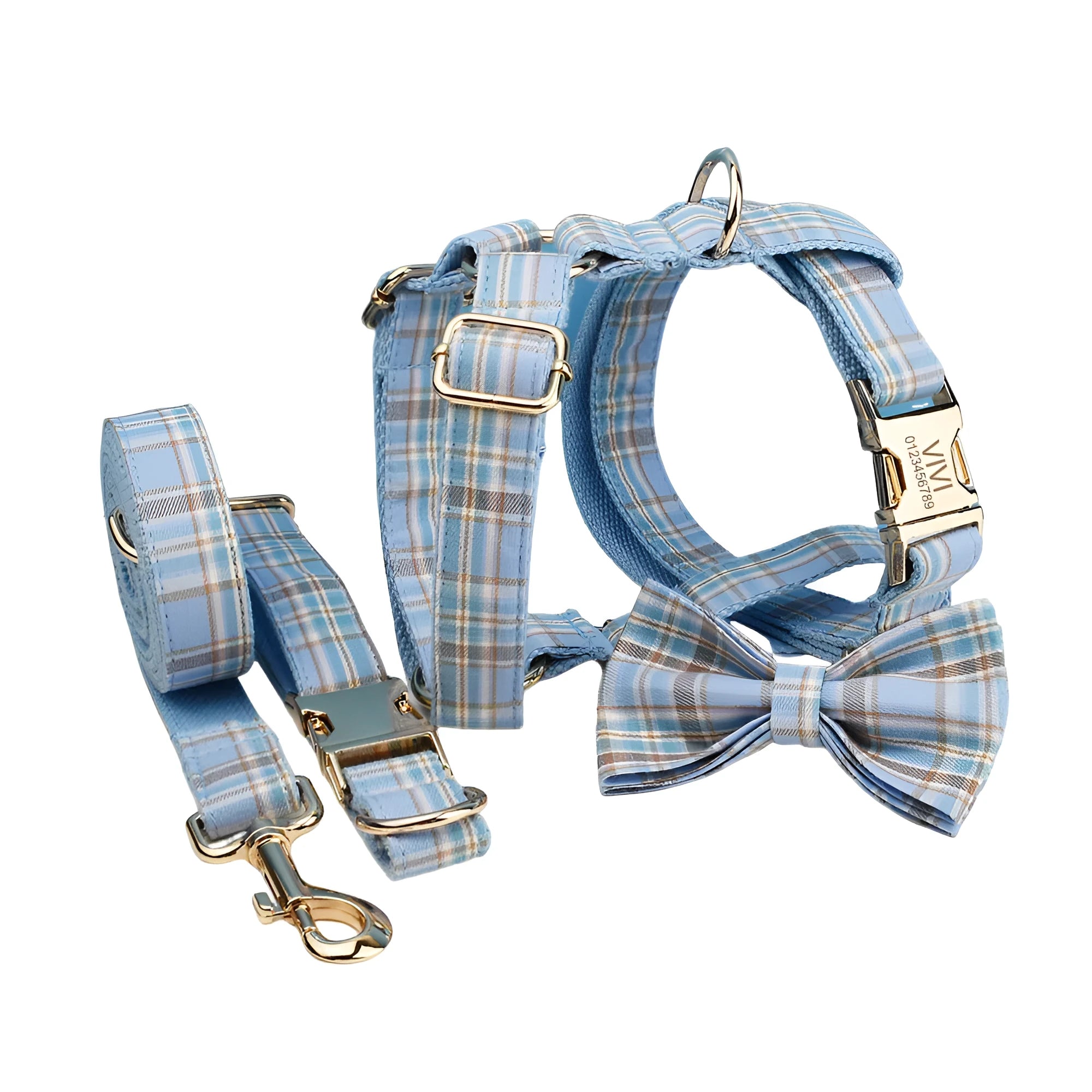 Sky blue grid pattern dog collar and leash set with matching vest and decorative bow