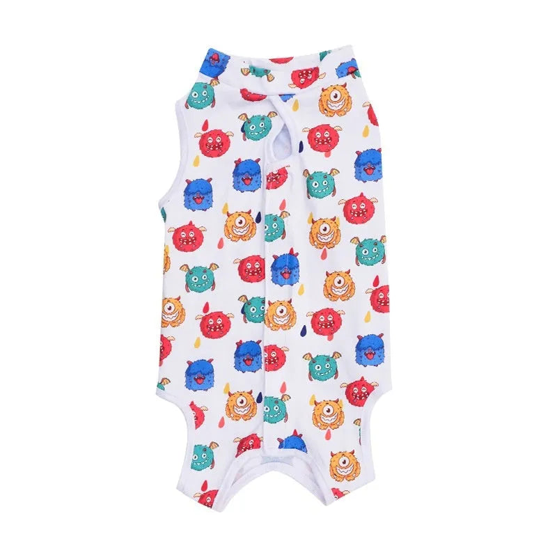 Adjustable velcro cat sterilisation recovery suit in a printed colour design, sizes S M L XL.