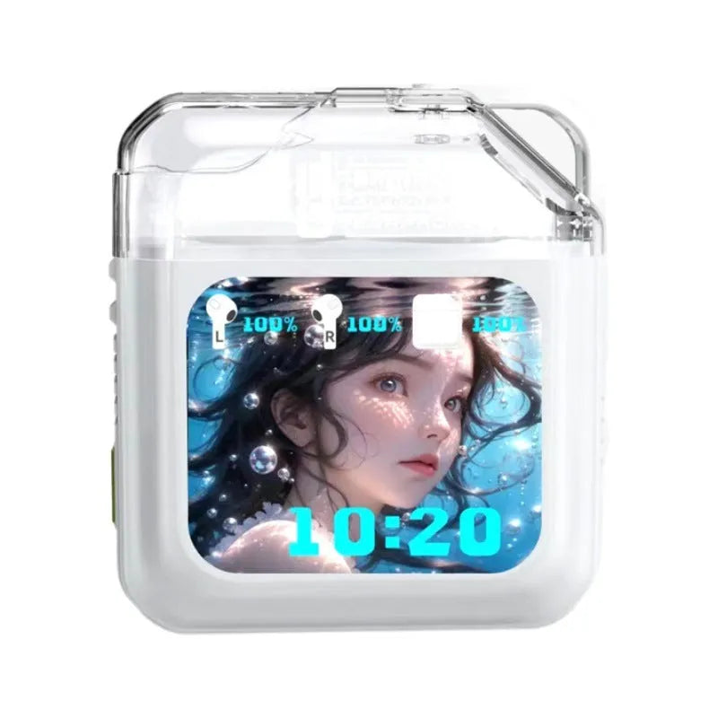 White and grey in-ear wireless Bluetooth headset with active noise cancellation and a colour screen.