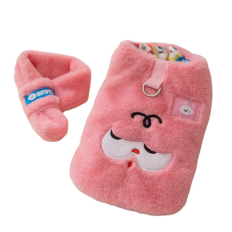 Autumn winter Korean dog hoodie with cartoon little bear design and scarf for small medium pets