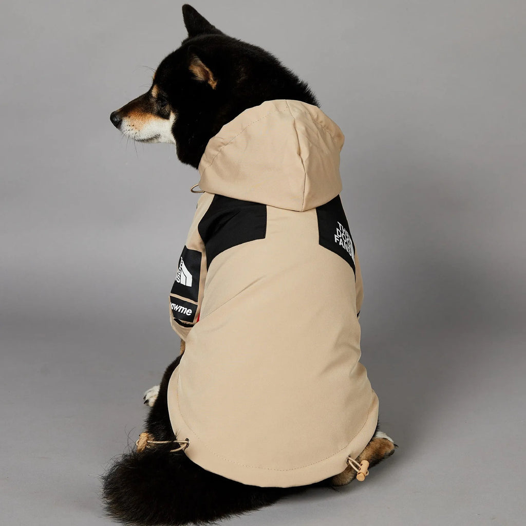 Khaki polyester dog shell jacket shown on canine model, available in sizes S through 5XL