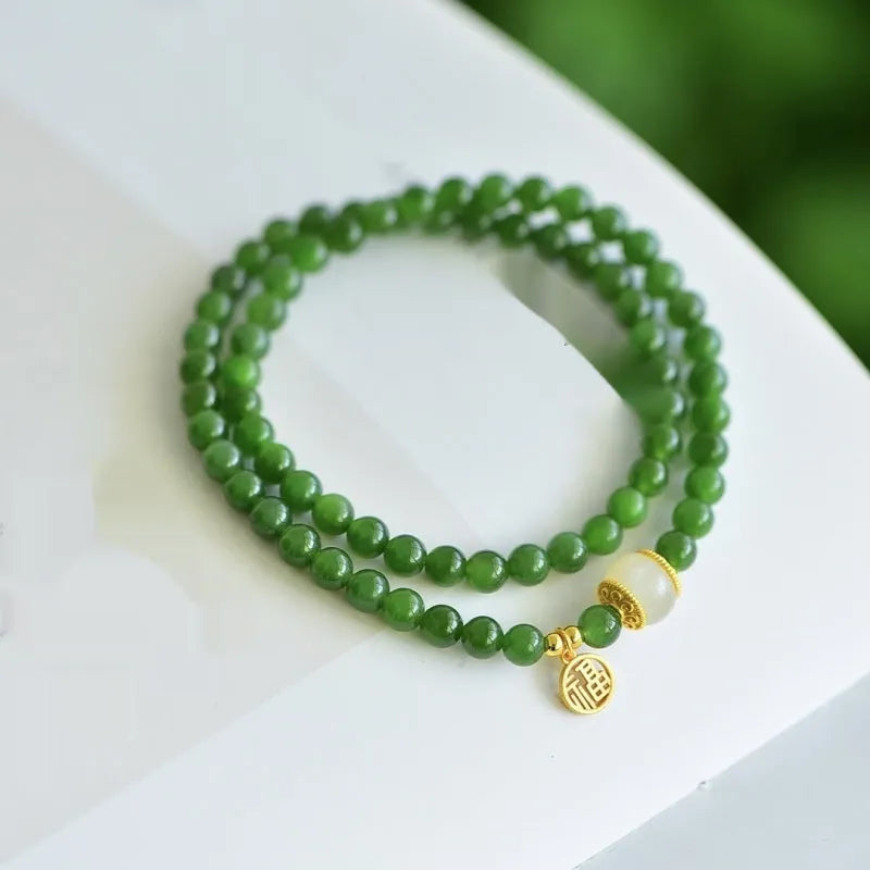 Natural Hetian jade double circle women's bracelet with geometric fu character design, 6mm diameter