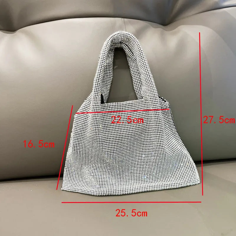 Silver handbag with rhinestone decoration made from cotton thread, open pocket design