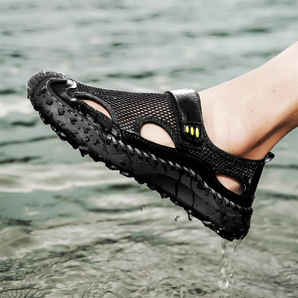 Men's casual sandals with breathable mesh upper and Velcro strap in black, brown, and grey.