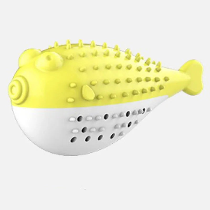 Blue silicone fish-shaped cat chew toy on a white background.