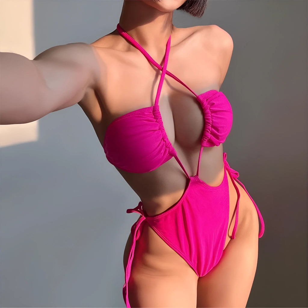 Women's drawstring one-piece swimsuit in brief style, shown in a solid colour