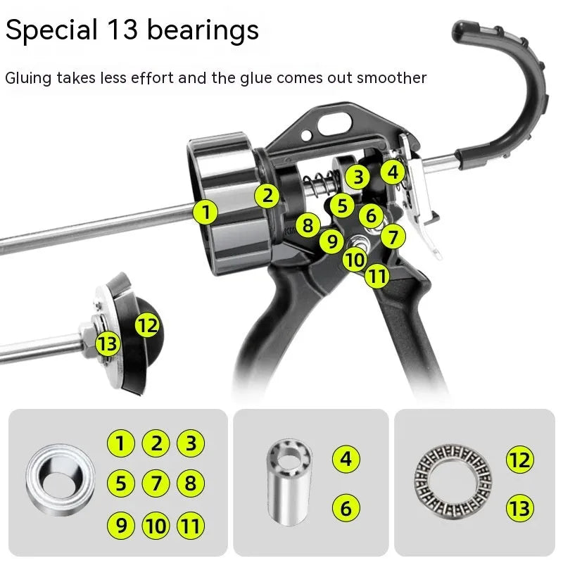 Aluminium alloy manual glue gun with 13 bearing structure for sealant application.
