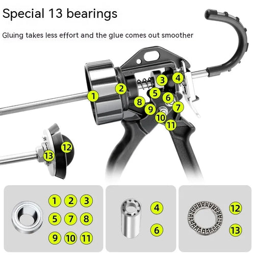 Aluminium alloy manual glue gun with 13 bearing structure for sealant application.