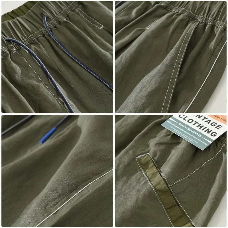 Man wearing loose straight-leg linen shorts in green, showcasing mid-waist and drawstring detail.