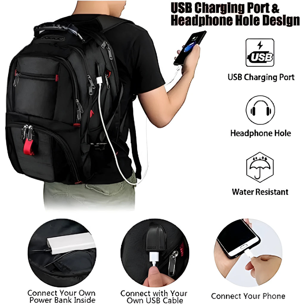 Large black USB backpack with curved shoulder straps showing front compartment and Oxford cloth material