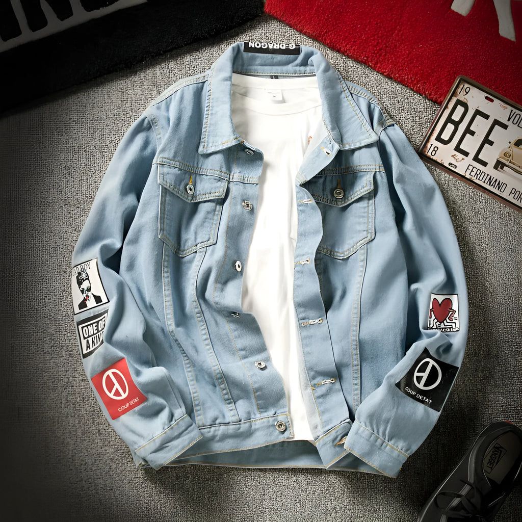 Blue casual denim jacket with lapel collar, loose fit, long sleeves, and multiple pockets