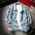 Blue casual denim jacket with lapel collar, loose fit, long sleeves, and multiple pockets