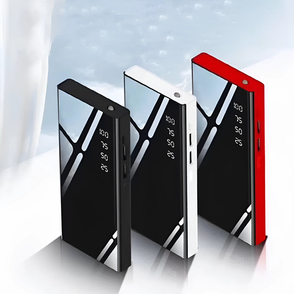 Black 20000mAh power bank showing LCD screen and two USB ports.
