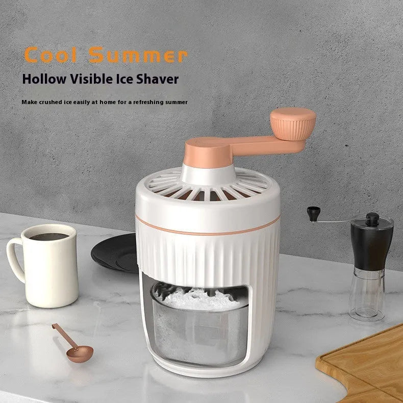 Hand-cranked ice shaving machine in green, compact portable design with removable ice box and stainless steel blade
