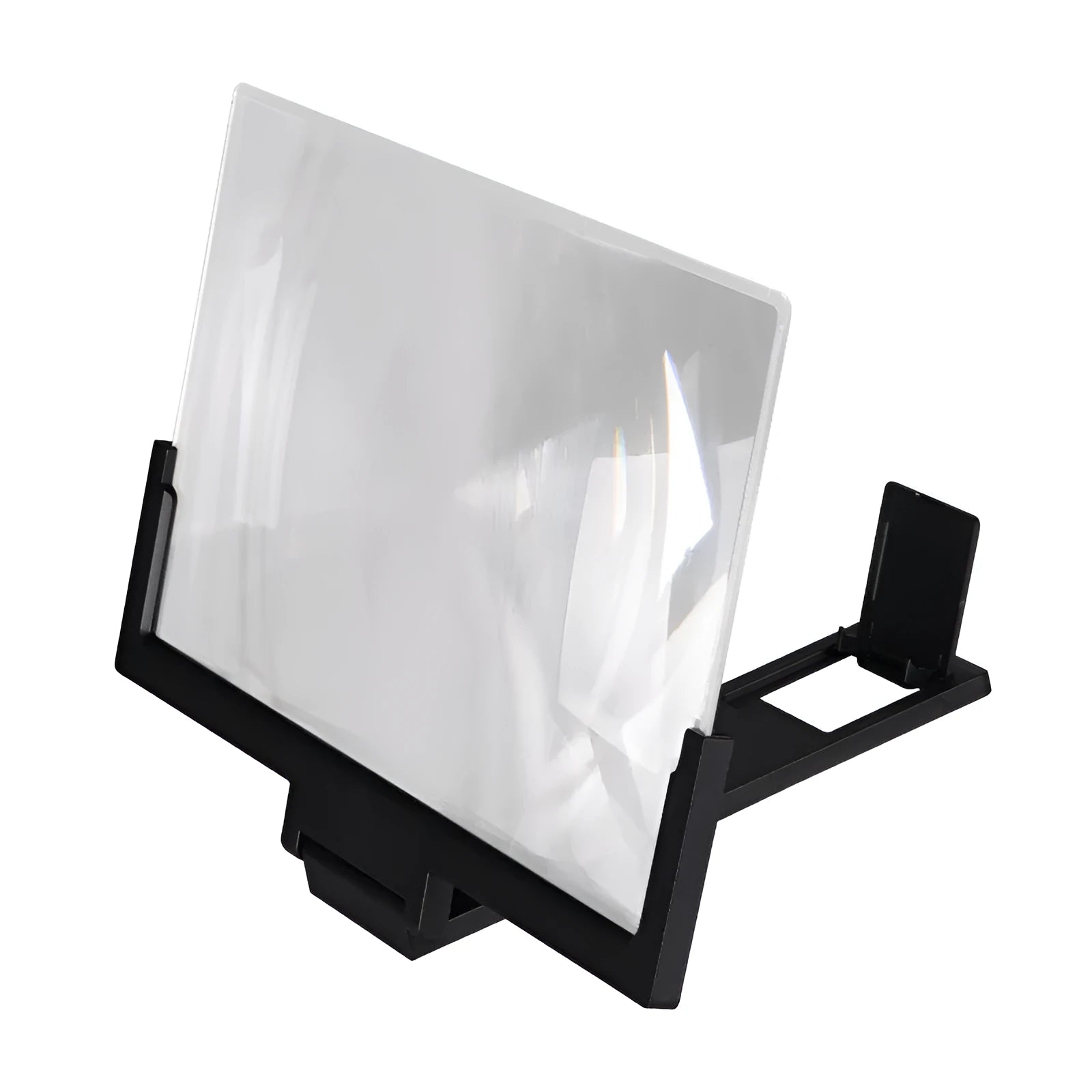A black magnifying mobile phone stand holding a smartphone, showing the enlarged screen through the acrylic lens.