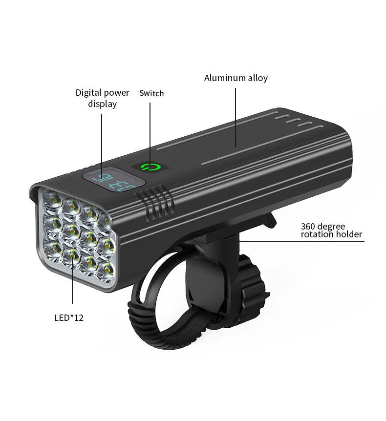 Black KX12DF digital display bicycle headlight with aluminium body mounted on bike handlebars via quick-release bracket.