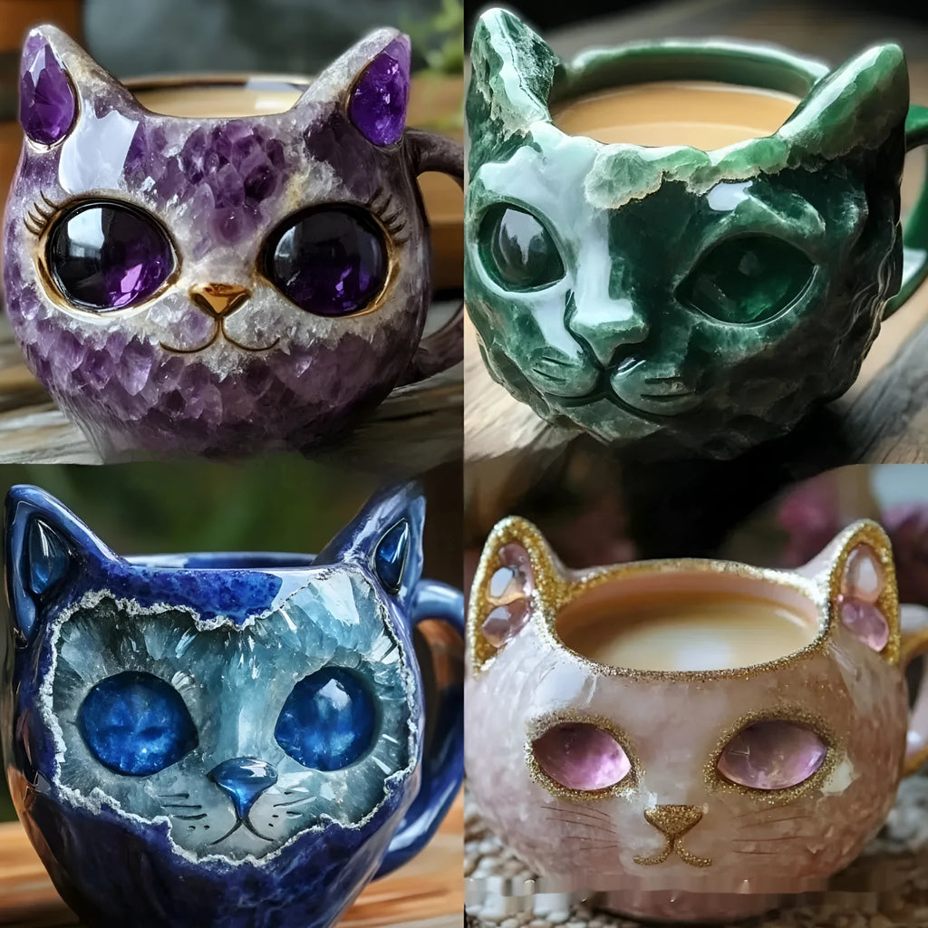 Purple geode crystal mug with a sculpted cat inside, a resin craft ornament.