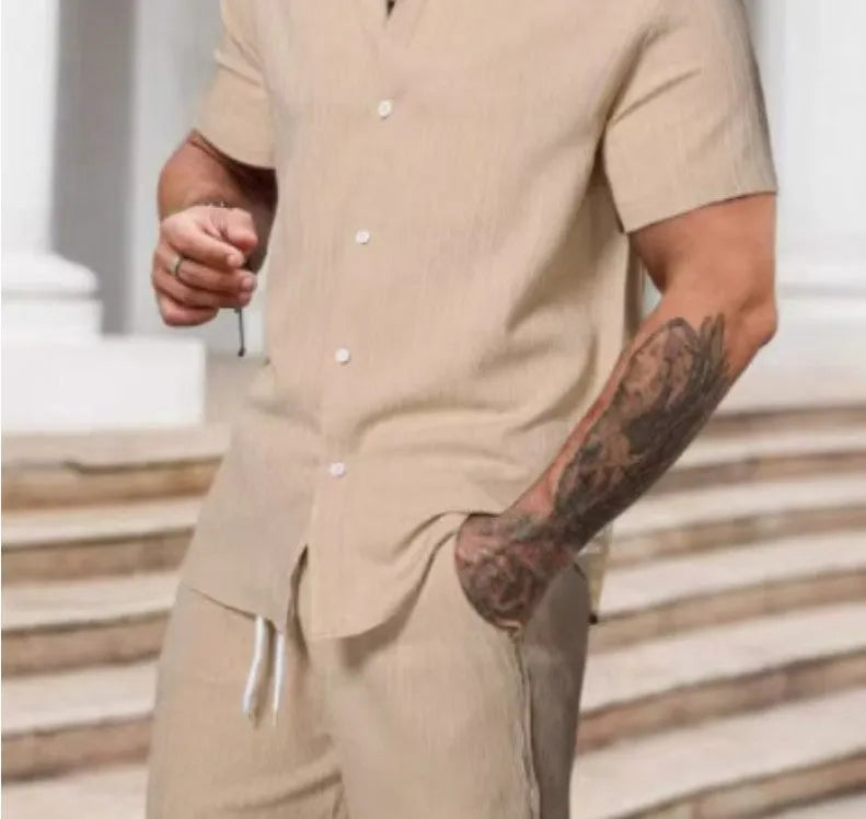 Men's casual striped print suit set with short sleeve shirt and matching shorts in colour YT50313P1