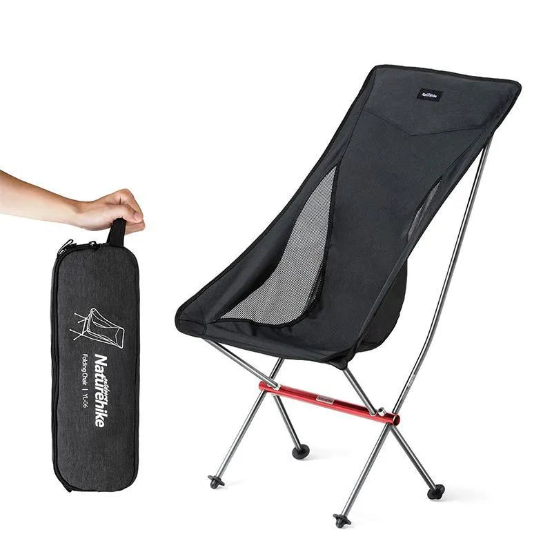 Portable ultralight aluminium camping chair in black with carry bag, folded for transport