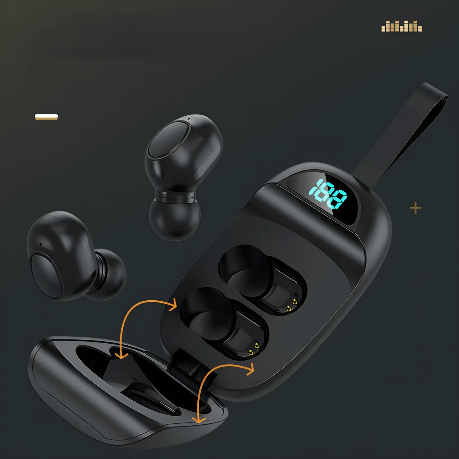 Black JS25 true wireless Bluetooth headphones with charging case, showing touch controls.