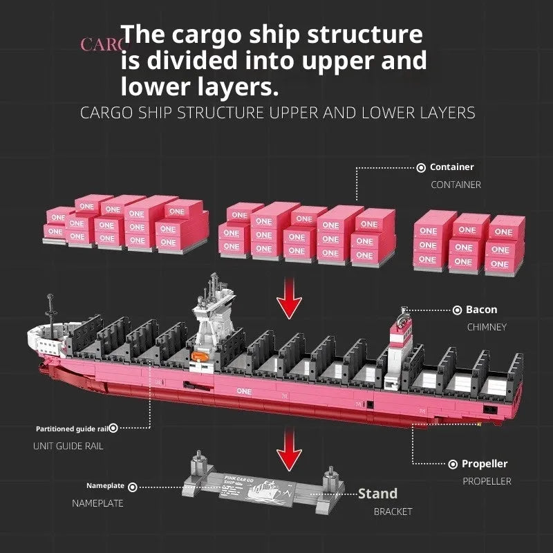 Freighter container ship building blocks in pink colour for teenager assembly