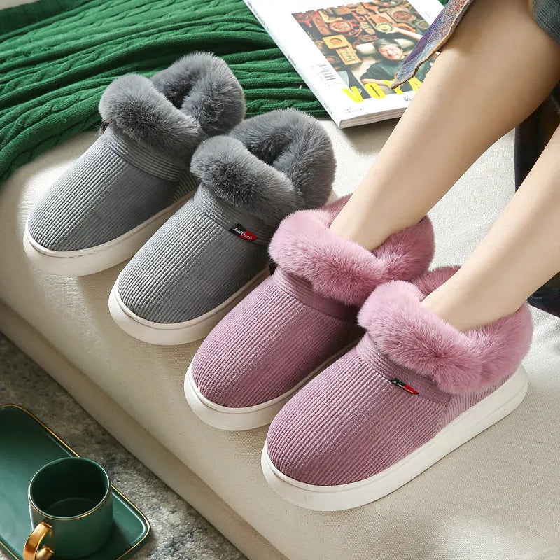 Winter plush corduroy house slippers for men and women warm fleece lined slip on shoes in coffee colour
