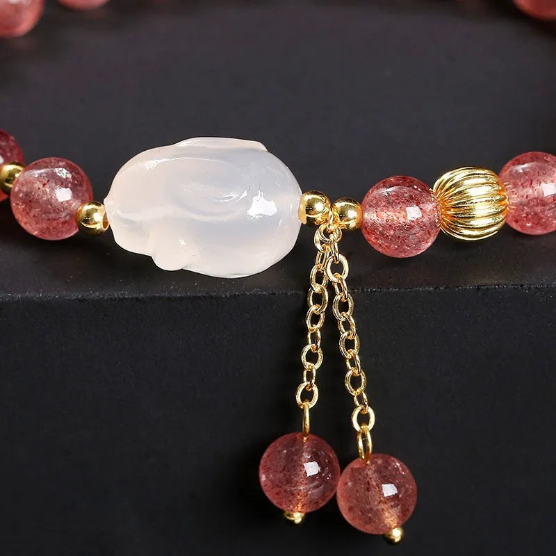Strawberry quartz agate white rabbit bracelet with 6mm geometric beads for women