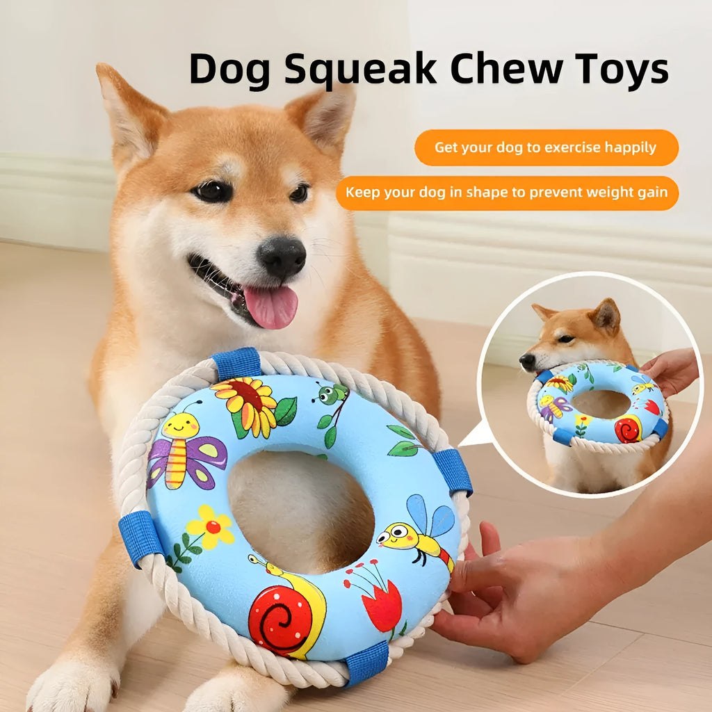 25cm diameter plush dog pull ring toy with squeaker in yellow fish design for chew resistant fetch training