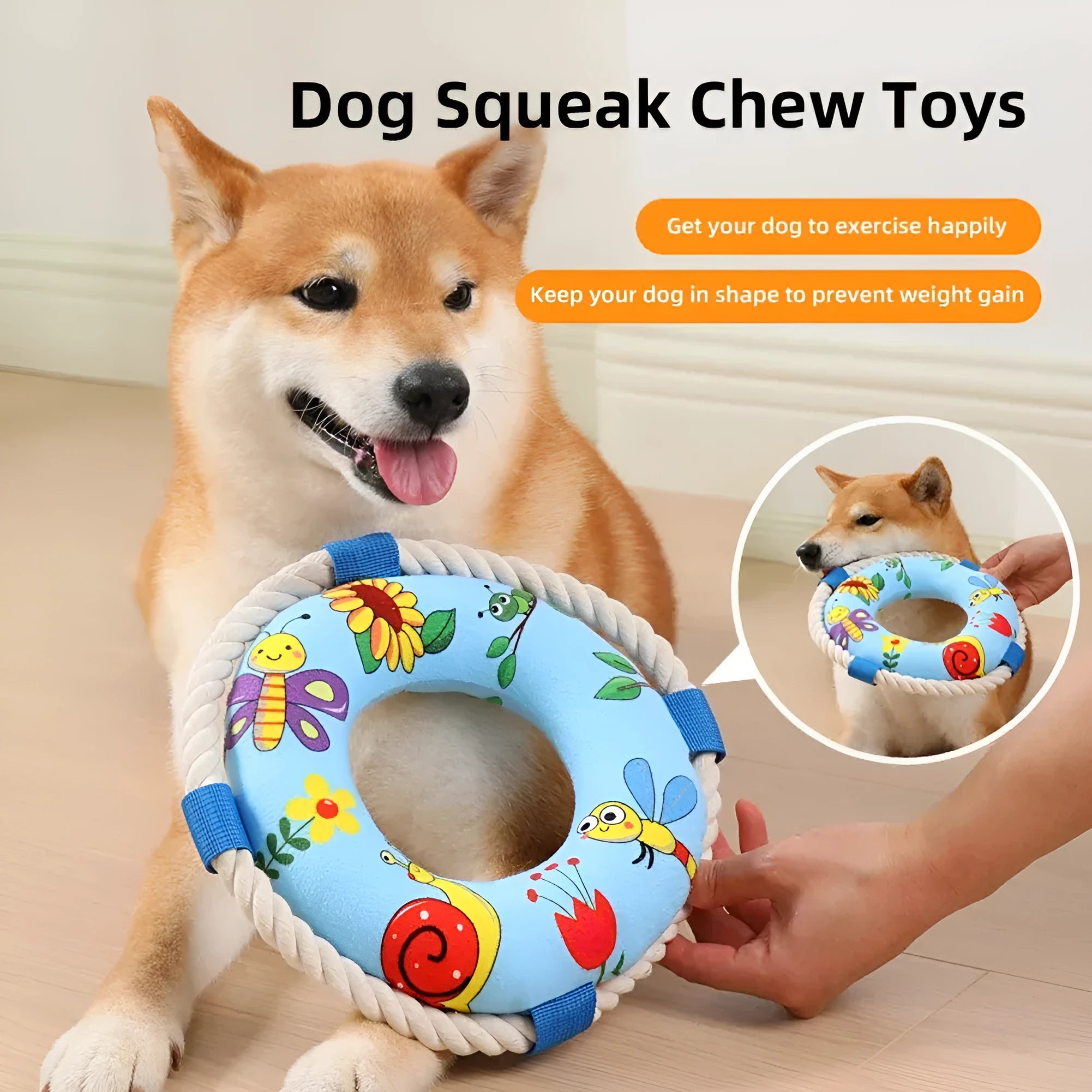 25cm diameter plush dog pull ring toy with squeaker in yellow fish design for chew resistant fetch training