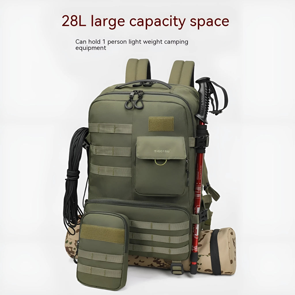 Army green waterproof tactical backpack with 17-inch frame and 20-35 litre capacity.