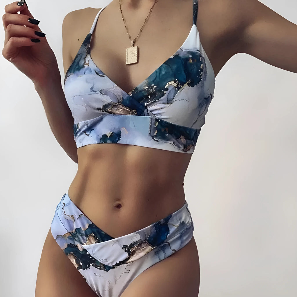 Marble tie-dye print women's high-waisted U-neck bikini swimwear set on a neutral background.