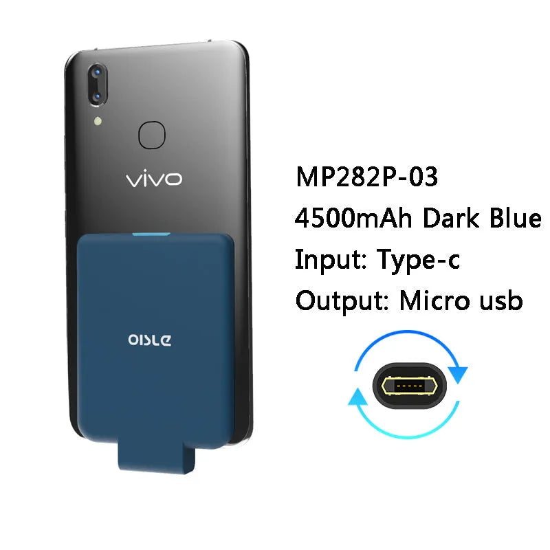Slim 4500mAh back clip battery for iPhone Android Type-C phones in black, white, blue, pink, red