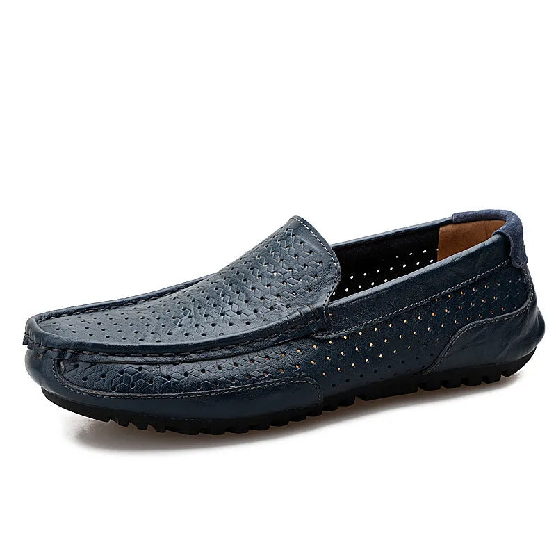 Men's summer leather shoes with breathable mesh upper in solid black colour on white background