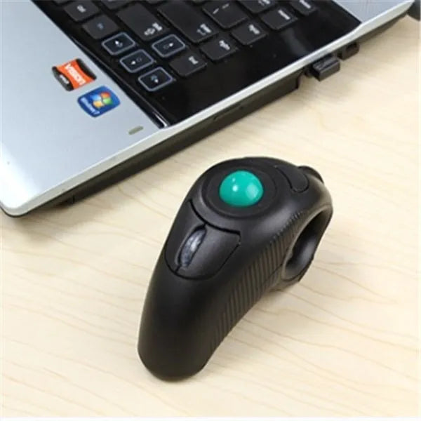 Black wireless trackball mouse with six buttons and ergonomic design
