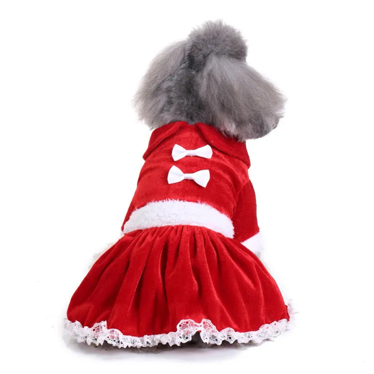 Dog wearing Christmas polyester costume with festive print, available in sizes S to XL