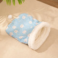 Flannel cat sleeping bag nest pet bed in blue rabbit design, 50cm by 40cm.
