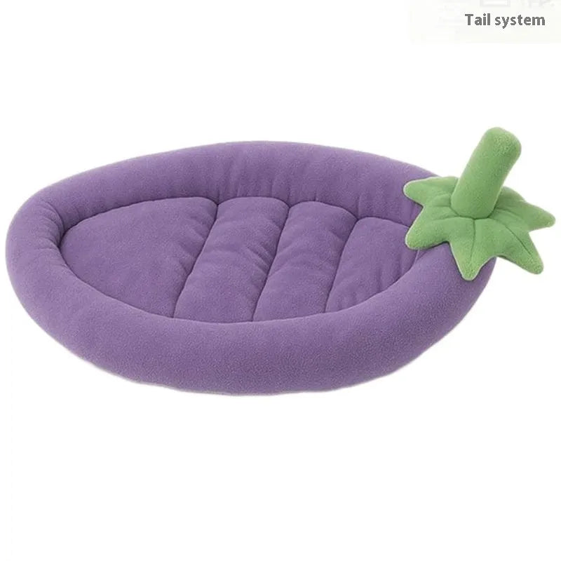 Rectangular washable dog mat with removable cover in purple, shown on a wooden floor.