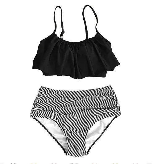 Women's conservative swimsuit with ruffles in high-waisted brief style