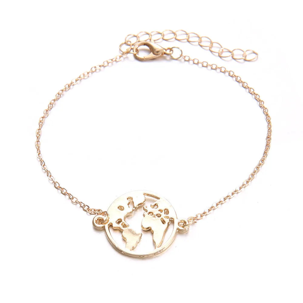 Women's three-piece bohemian charm bracelet set with aircraft map designs on heart-shaped alloy charms