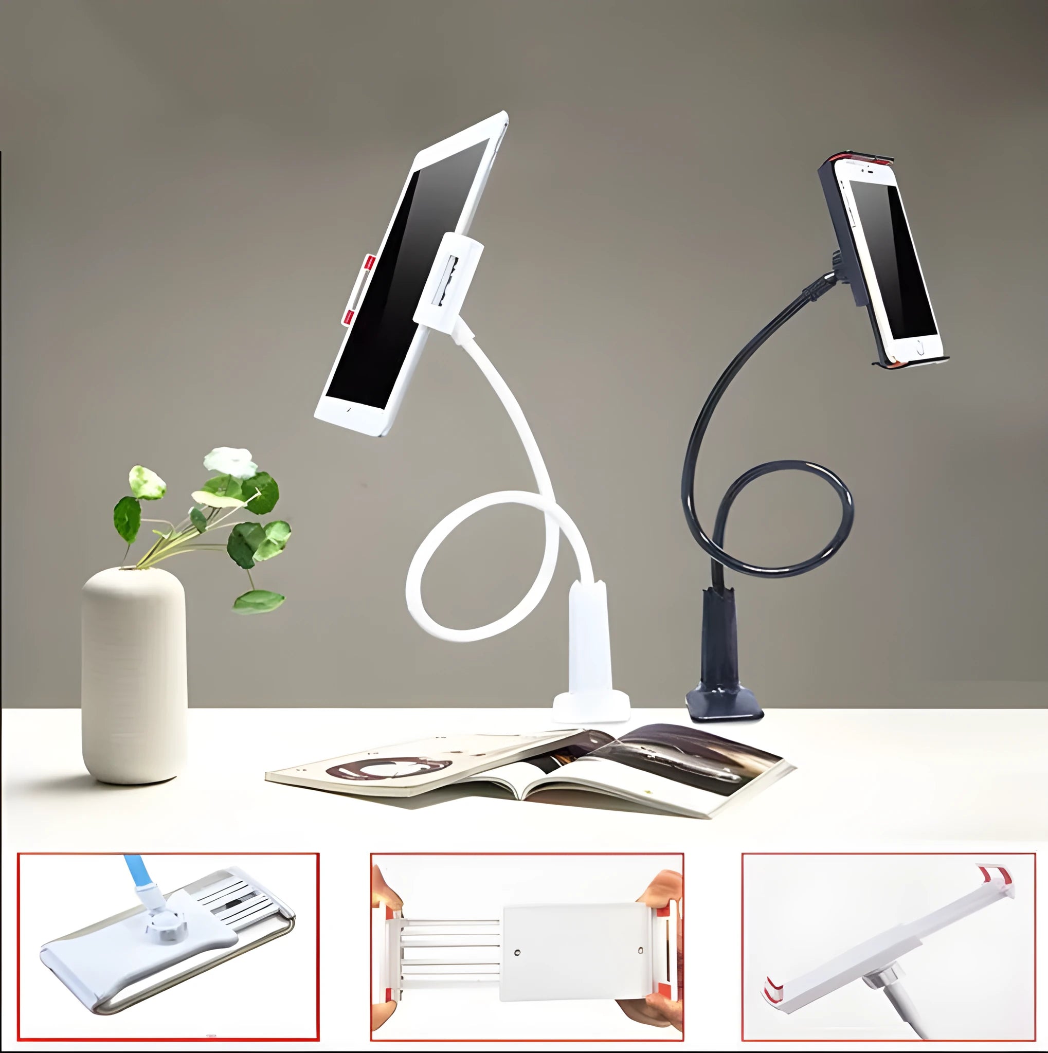 Black oversize flat panel phone holder with a long adjustable arm on a wooden table.
