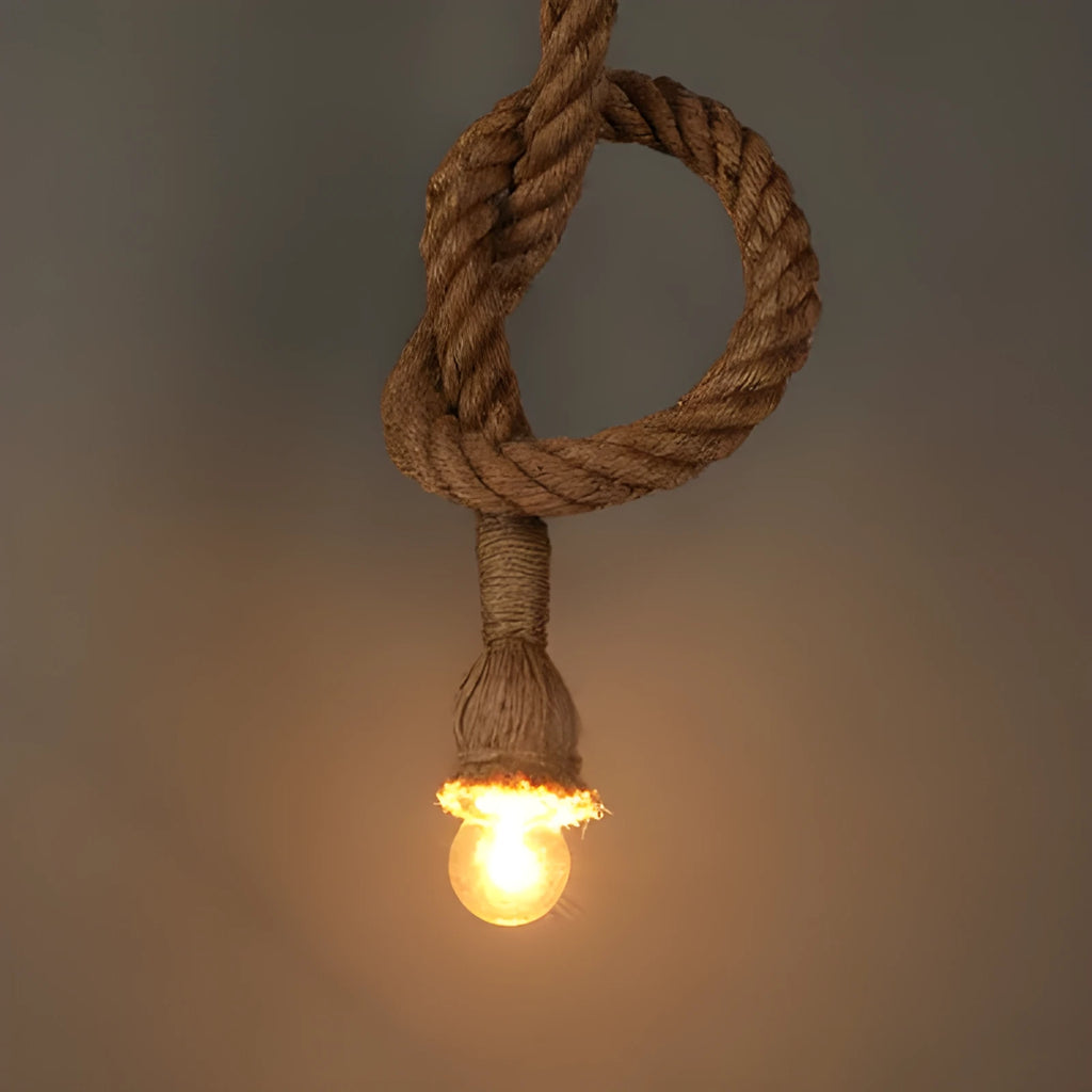 American country style braided hemp rope chandelier with single head on 3m drop against neutral wall