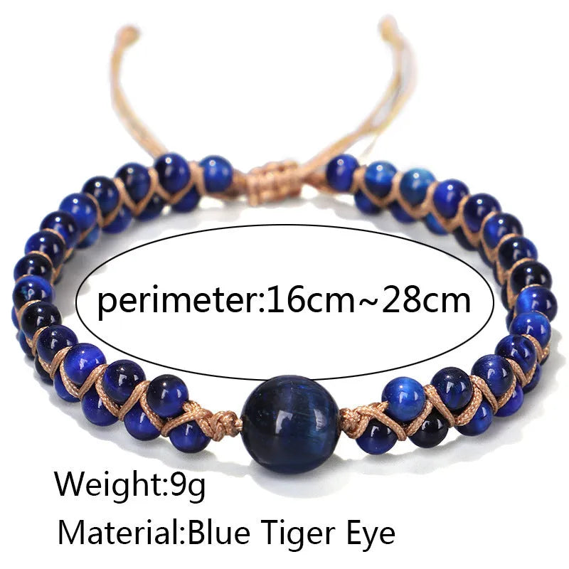 Close-up of a handmade geometric bracelet woven with blue Tigereye stone beads, showing its textured pull-on design.