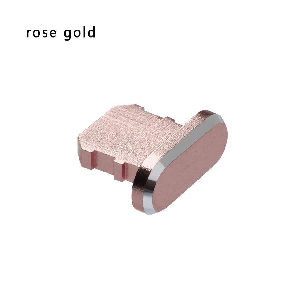 Aluminium alloy charging port dust plug for iPhone in various metallic colours including gold and rose gold.