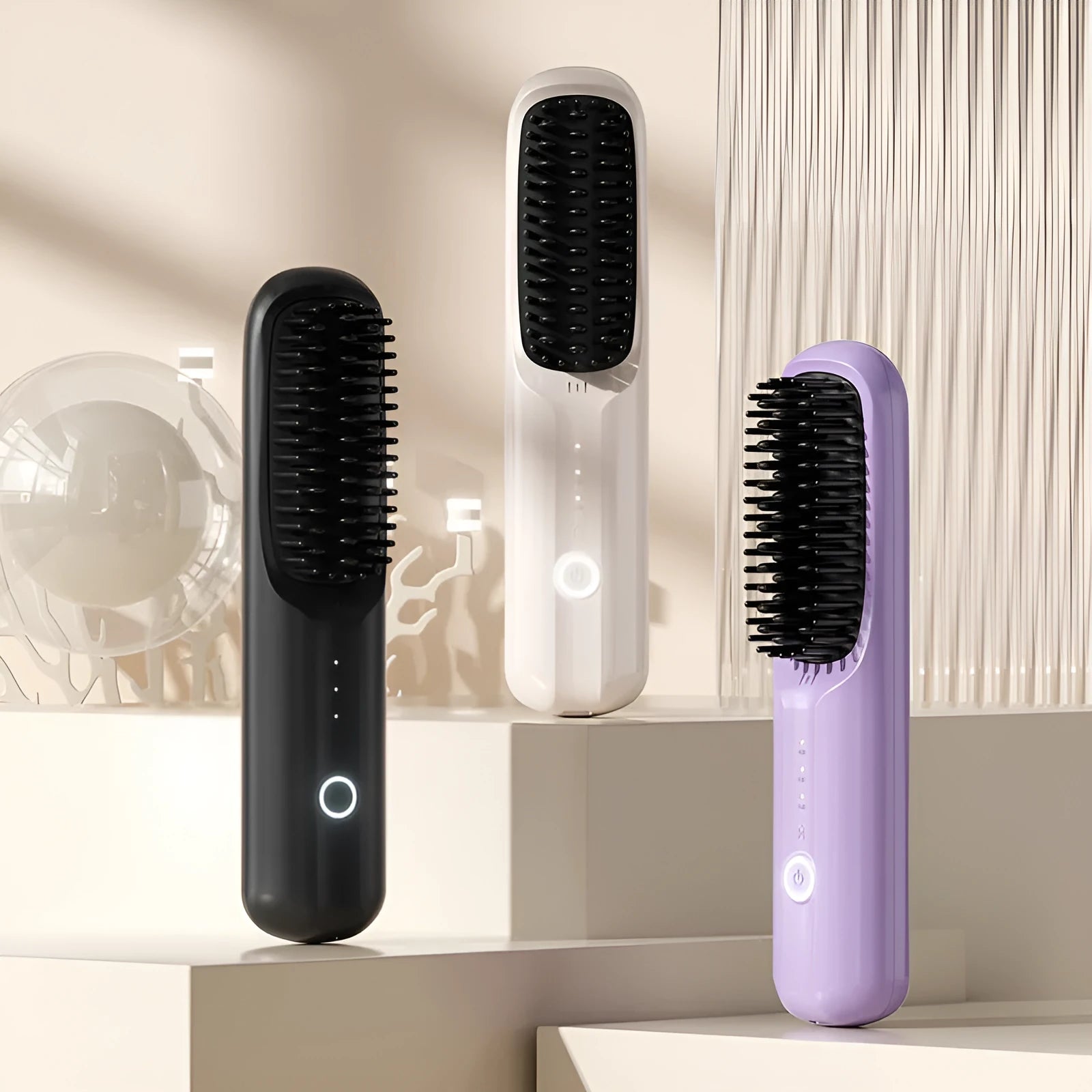 Beige wireless anion straight comb for hair styling on a table