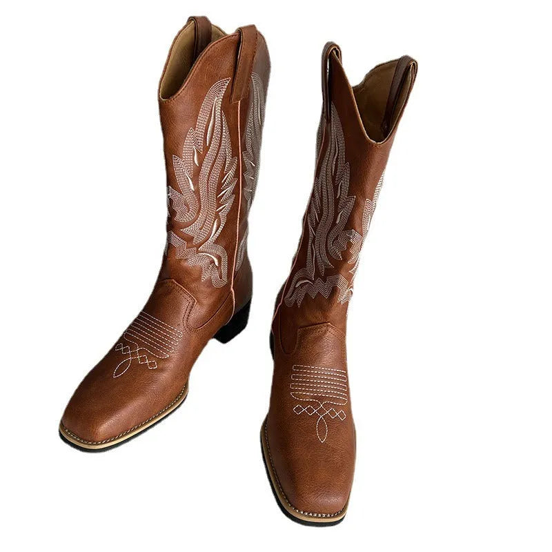 Brown women's mid-calf embroidered Martin boots with leather lining and rubber sole
