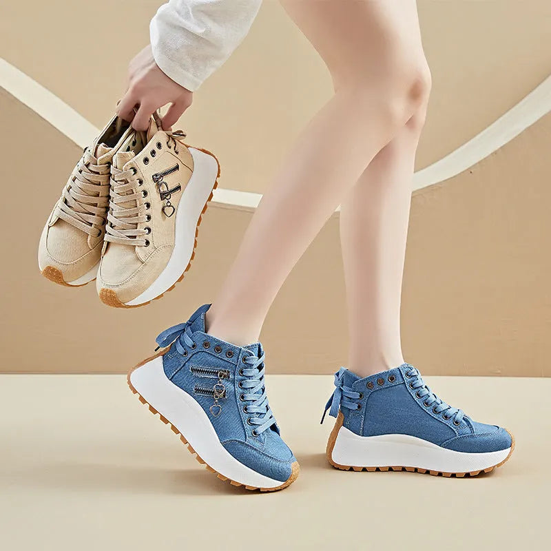 Women's Korean dad style canvas platform trainers in khaki with front lace-up and rubber sole